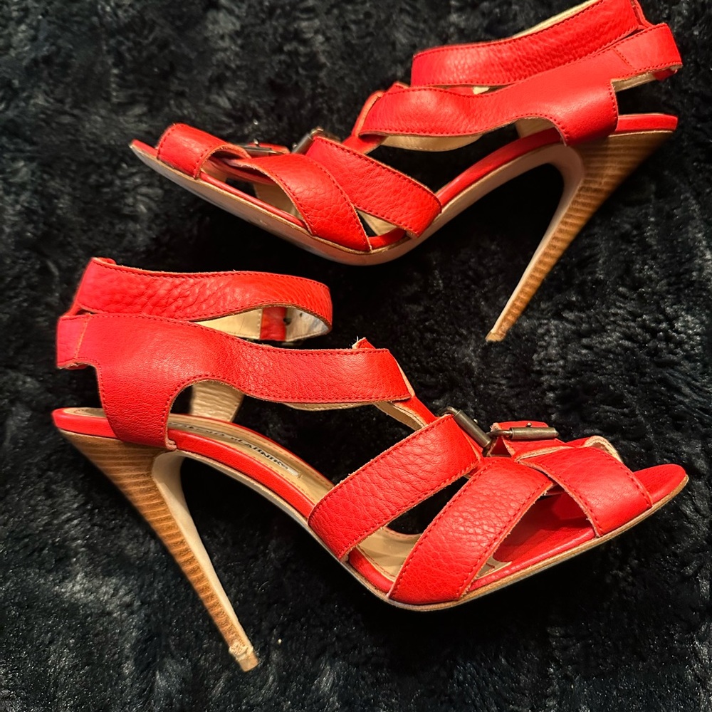 Manolo Blahnik Rare Red Strappy High Heel Sandals Stacked Heel 38.5